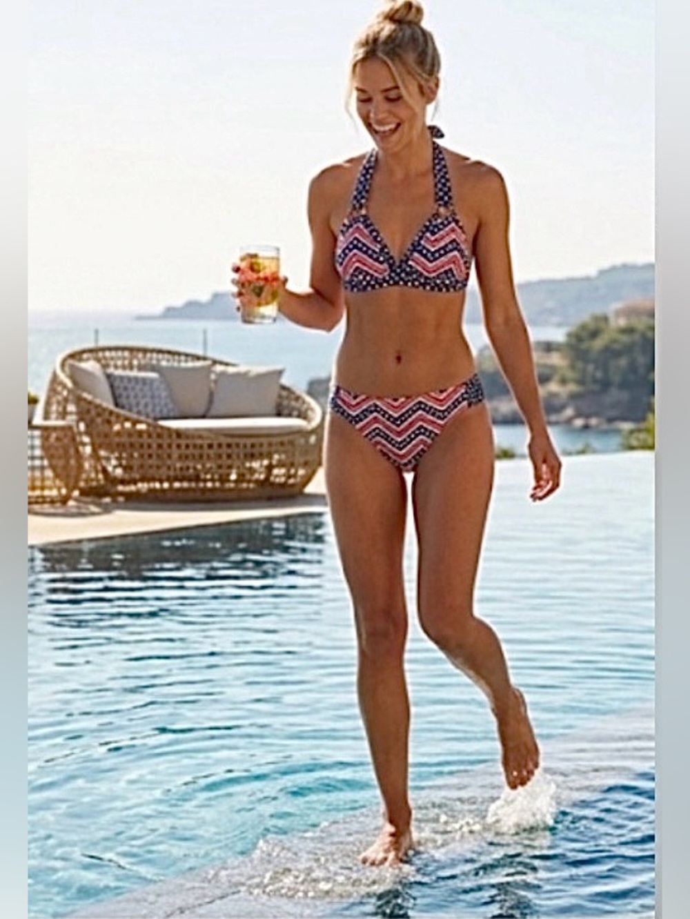 Catalina Patriotic Stars Stripes Low Rise Halter Bikini Navy Red Size Med 8/10 - Picture 2 of 16